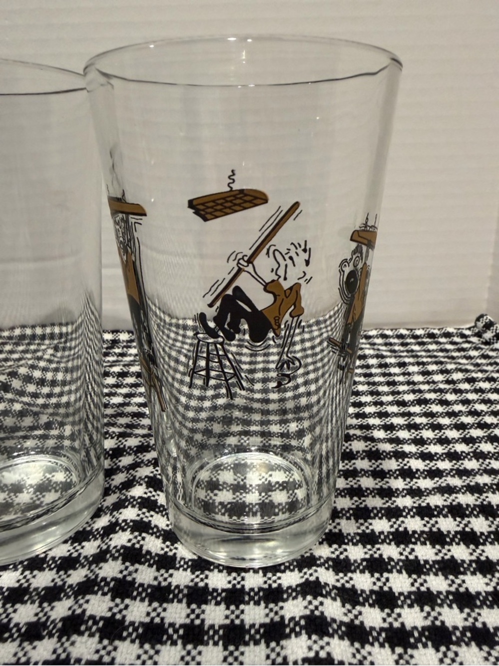 Vintage Glassware with Comic Figures Falling Doing Handyman Work  Set of 4